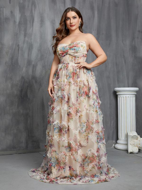  Womenswear Floral Print Ruched Corset Frill Trim Tulle Evening Dress, Comfort Zipper Back A Line Tube Dress, Women's Evening Party Gown for Fall, Wedding Guest Dresses, Hoco Dresses Black Girls